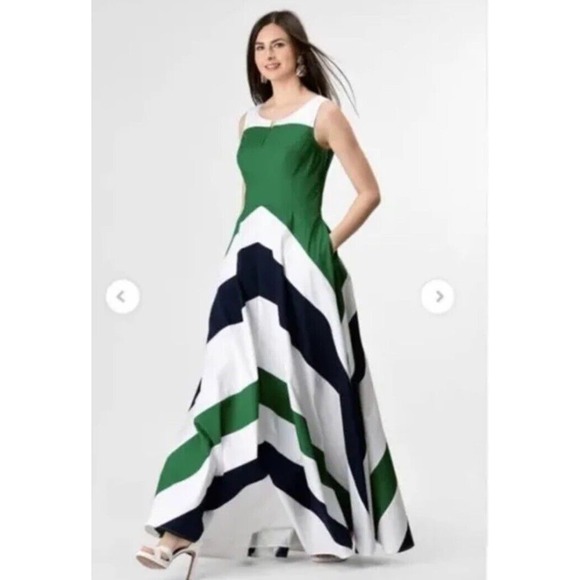 eshakti Dresses & Skirts - Eshakti Maxi Dress Chevron White Navy Green Pockets Size 1X 16 Colorblock Lined